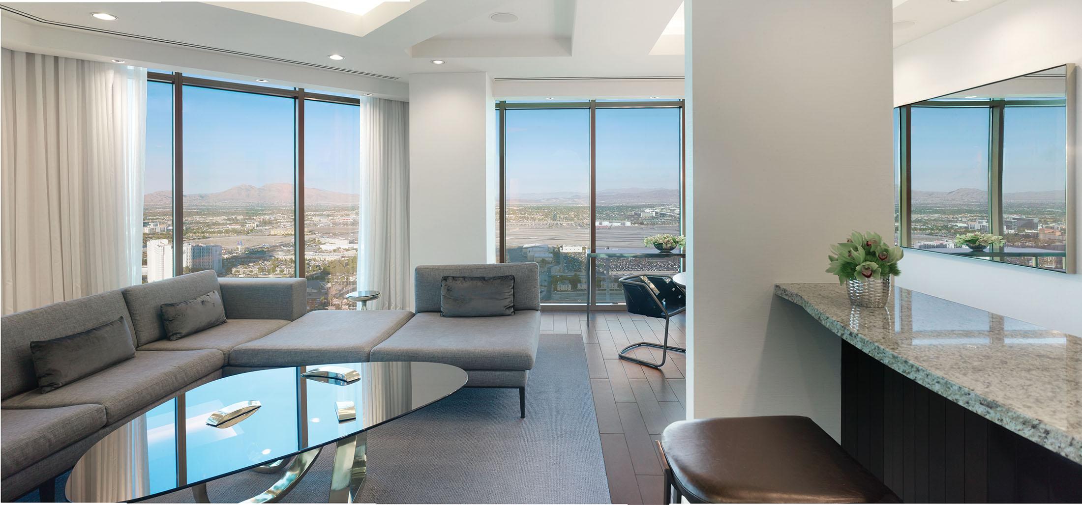 Living room and kitchen suite with panoramic views of Las Vegas