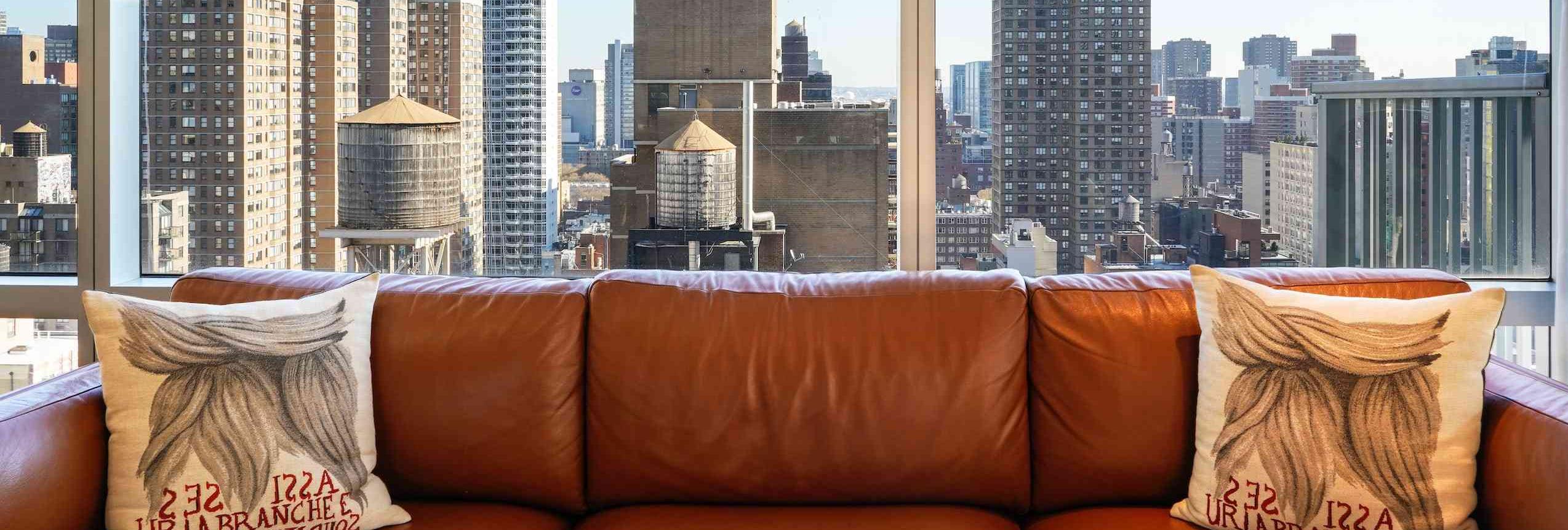 brown couch with city views