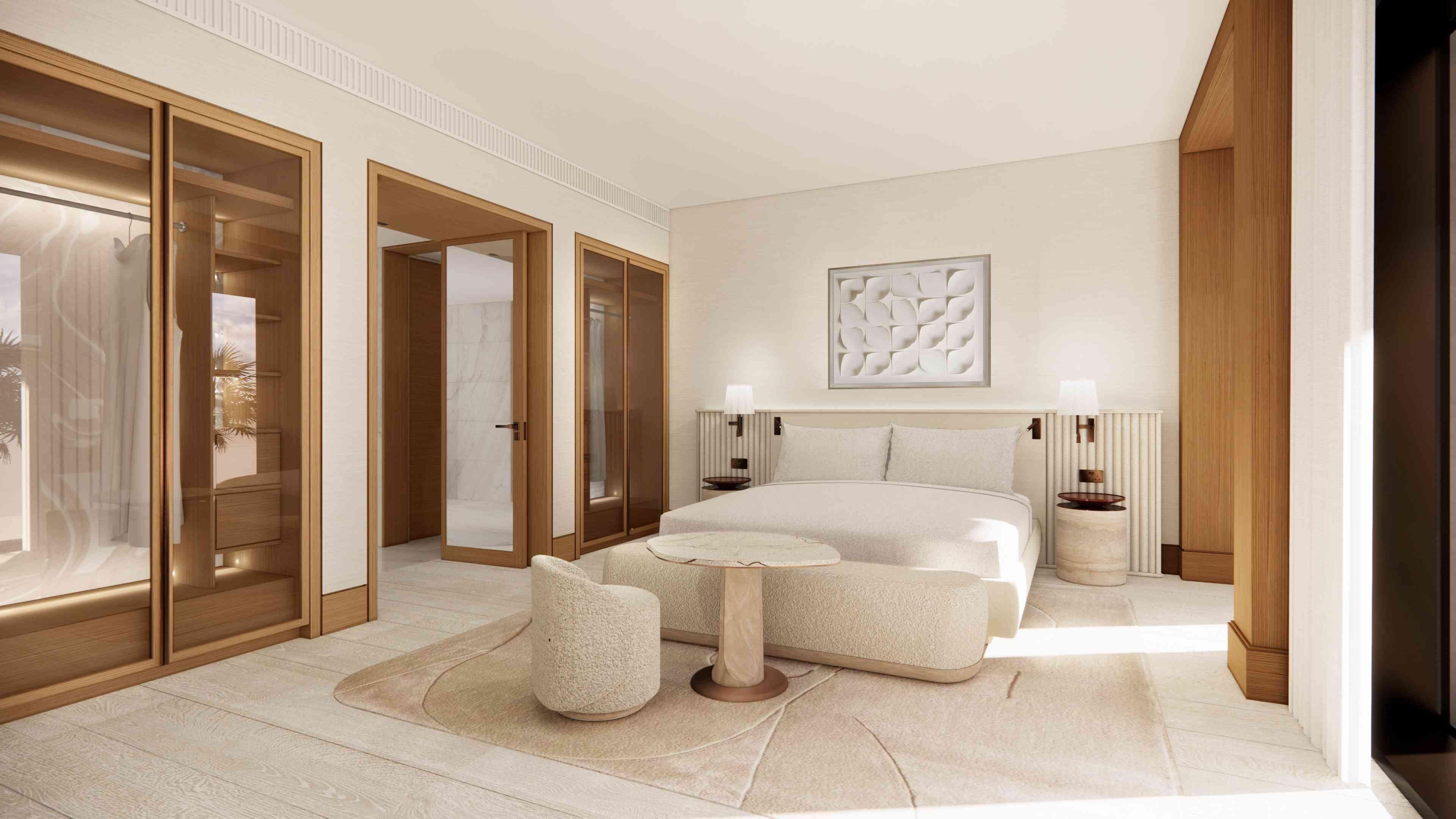Delano Dubai room with bed, table and chairs