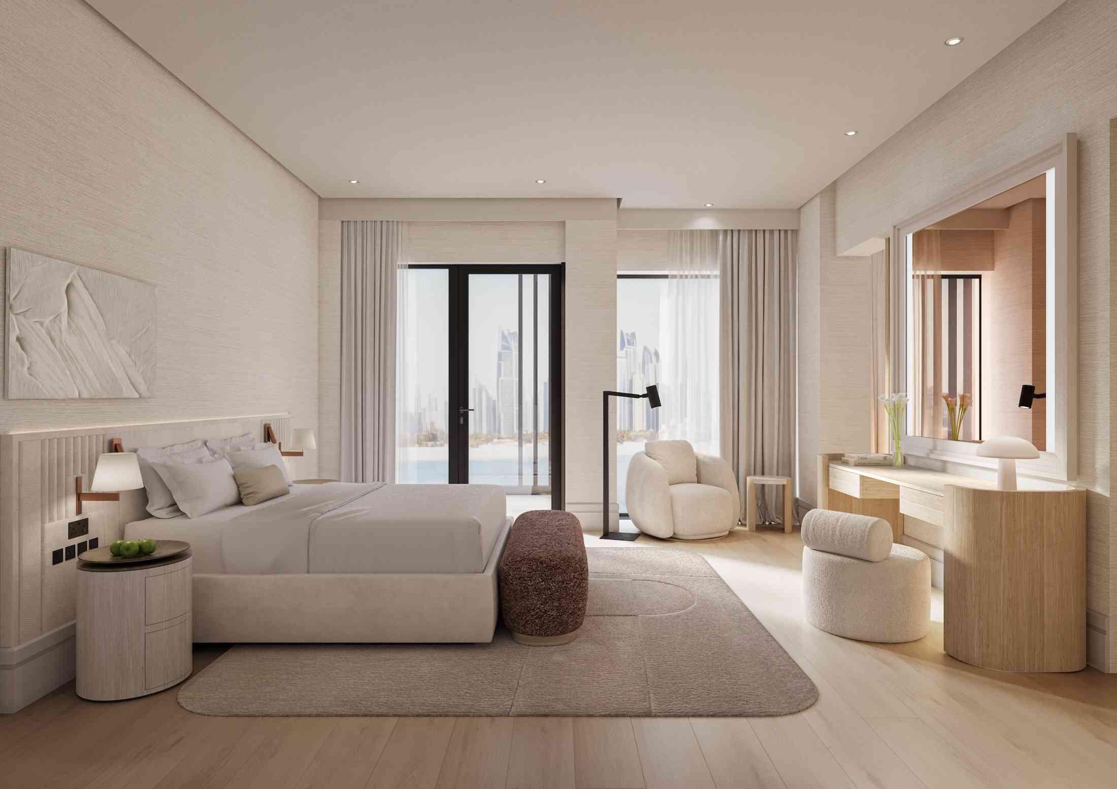 Sunny bedroom in hotel suite.