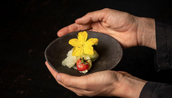strawberry, ice cream, and an edible flower