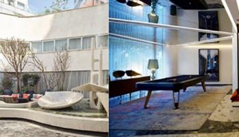 two images split. left image exterior of mondrian Mexico City, second image is of the pool table in the lobby